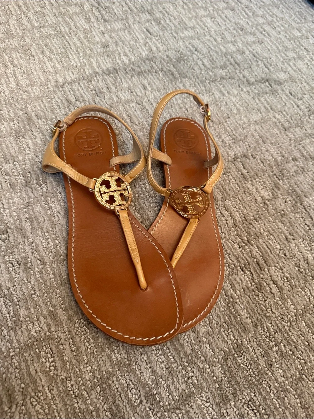 Tory Burch Tan Leather Logo Thong Sandals with Gold Emblem